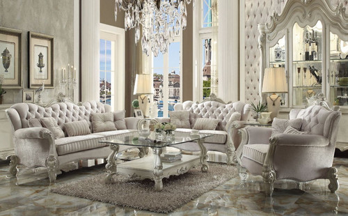 Versailles - 47" Sofa With 5 Pillows - Ivory Fabric & Bone White Versailles - 47" Sofa With 5 Pillows - Ivory Fabric & Bone White