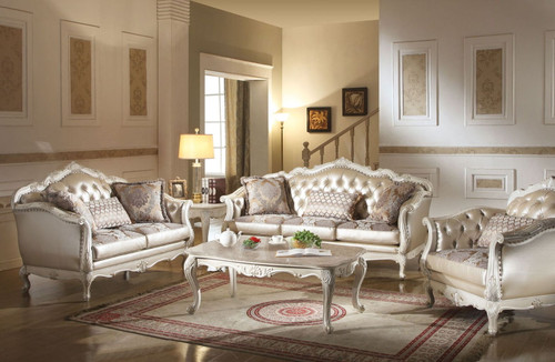 Chantelle - Sofa With 3 Pillows - Rose Gold Synthetic Leather /Fabric & Pearl White Chantelle - Sofa With 3 Pillows - Rose Gold Synthetic Leather /Fabric & Pearl White