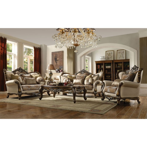 Latisha - Loveseat With 6 Pillows (Same Lv01577) - Tan, Pattern Fabric & Antique Oak