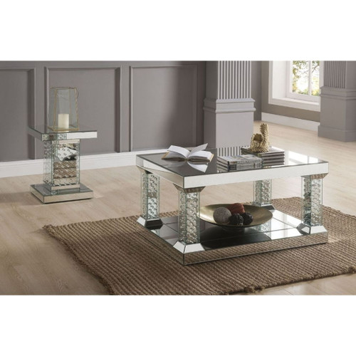 Nysa - Coffee Table - Mirrored & Faux Crystals - Glass - 19"