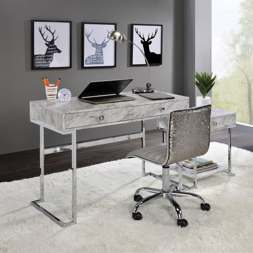 Tigress - Writing Desk - White Printed Faux Marble Top & Chrome