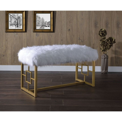Bagley II - 21" Bench - White Faux Fur & Gold Bagley II - 21" Bench - White Faux Fur & Gold