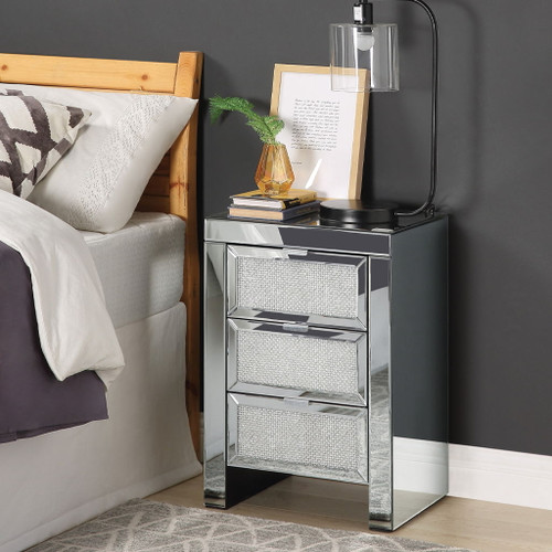 Noralie - Accent Table, 3 Storage Drawers - Mirrored & Faux Diamonds Noralie - Accent Table, 3 Storage Drawers - Mirrored & Faux Diamonds