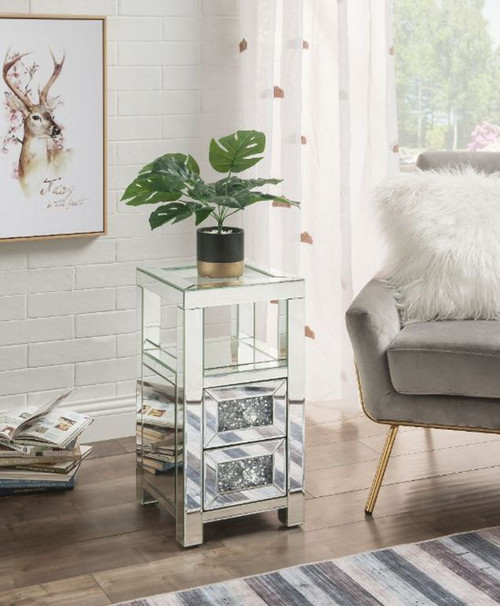 Noralie - 24" Accent Table - Clear Glass, Mirrored & Faux Diamonds