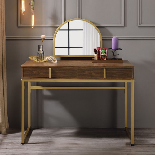 Coleen - 50" Vanity Desk With Mirror & Jewelry Tray - Walnut & Gold Coleen - 50" Vanity Desk With Mirror & Jewelry Tray - Walnut & Gold