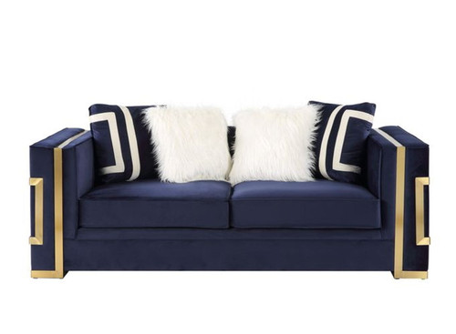 Virrux - Loveseat With 4 Pillows - Blue Velvet & Gold