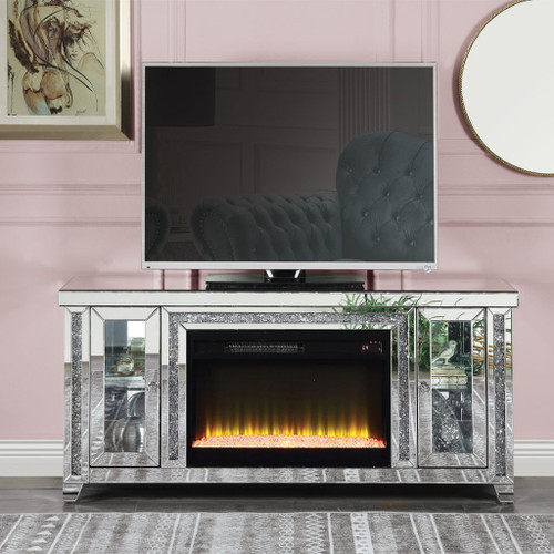 Noralie - TV Stand With Fireplace & LED - Mirrored & Faux Diamonds