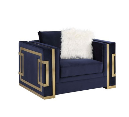 Virrux - Chair With 2 Pillows - Blue Velvet & Gold Virrux - Chair With 2 Pillows - Blue Velvet & Gold