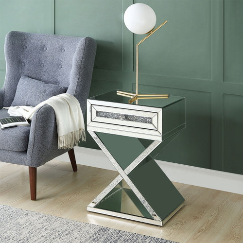 Noralie - Accent Table, X-Shaped Base - Mirrored & Faux Diamonds