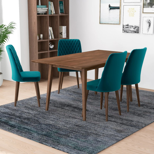 Alpine Large Walnut Dining Set | 4 Evette Teal Velvet Dining Chairs | KM Home Furniture and Mattress Store | Houston TX | Best Furniture stores in Houston
