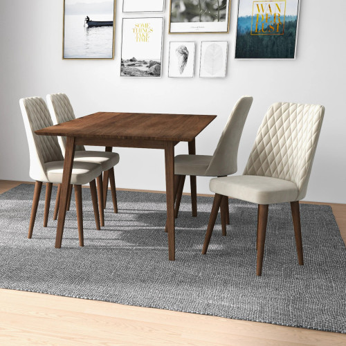 Alpine Large Walnut Dining Set - 4 Evette Beige Velvet Chairs | KM Home Furniture and Mattress Store | TX | Best Furniture stores in Houston