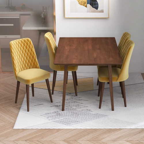 Alpine Small Walnut Dining Set - 4 Evette Gold Velvet Chairs | KM Home Furniture and Mattress Store | TX | Best Furniture stores in Houston