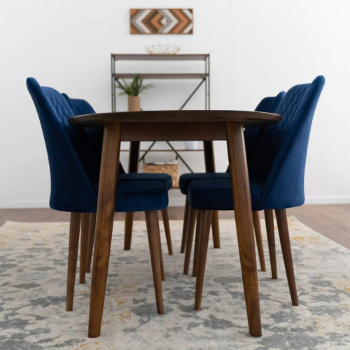 Rixos Dining set - 4 Evette Blue Dining Chairs Walnut | KM Home Furniture and Mattress Store | TX | Best Furniture stores in Houston