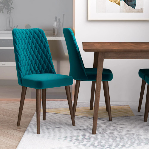 Alpine (Small - Walnut) Dining Set with 4 Evette (Teal Velvet) Dining Chairs | KM Home Furniture and Mattress Store | Houston TX | Best Furniture stores in Houston