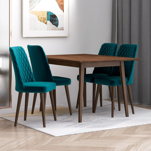 Alpine (Small - Walnut) Dining Set with 4 Evette (Teal Velvet) Dining Chairs | KM Home Furniture and Mattress Store | Houston TX | Best Furniture stores in Houston