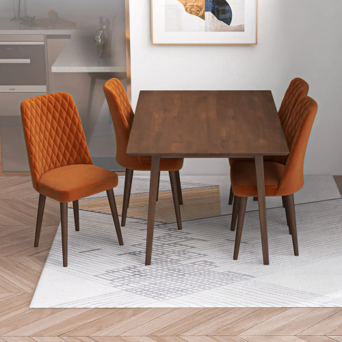 Alpine Small Walnut Dining Set - 4 Evette Orange Velvet Chairs | KM Home Furniture and Mattress Store | TX | Best Furniture stores in Houston