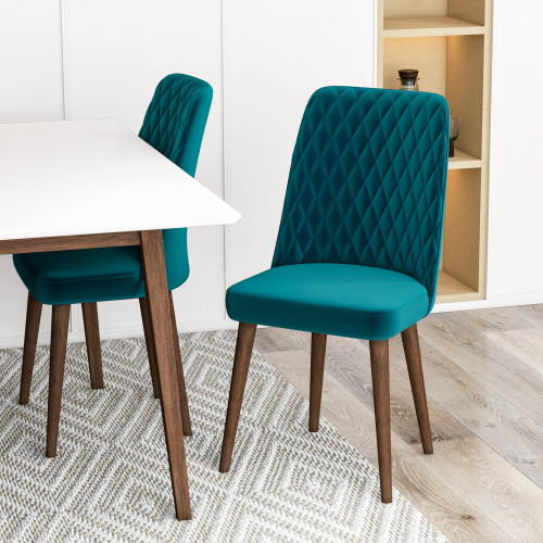 Adira (Small - White) Dining Set with 4 Evette (Teal Velvet) Dining Chairs | KM Home Furniture and Mattress Store | Houston TX | Best Furniture stores in Houston