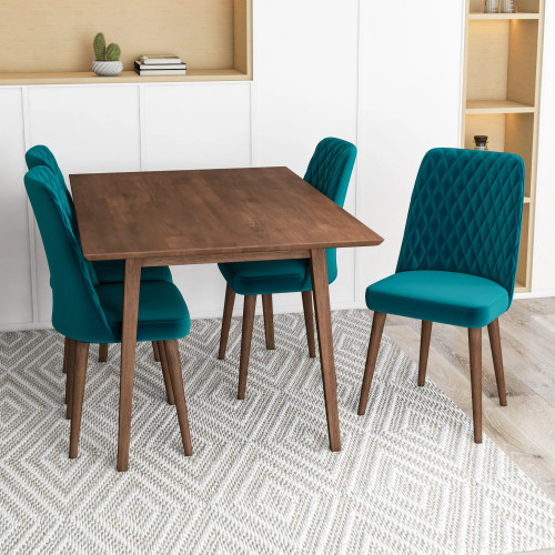 Adira Small Walnut Dining Set - 4 Evette Teal Velvet Chairs | KM Home Furniture and Mattress Store | TX | Best Furniture stores in Houston