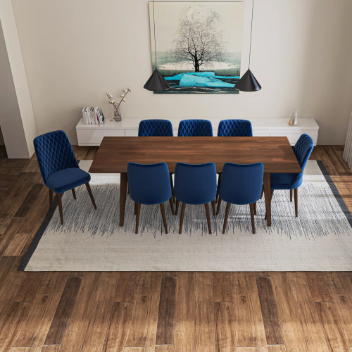 Adira XLarge Walnut Dining Set - 8 Evette Blue Velvet Chairs | KM Home Furniture and Mattress Store | TX | Best Furniture stores in Houston