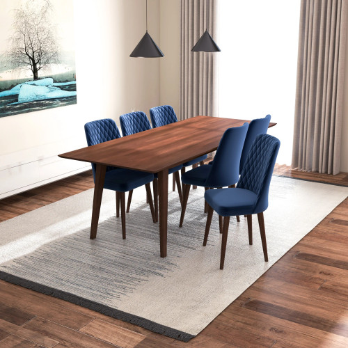 Adira XLarge Walnut Dining Set | 6 Evette Blue Velvet Dining Chairs | KM Home Furniture and Mattress Store | Houston TX | Best Furniture stores in Houston