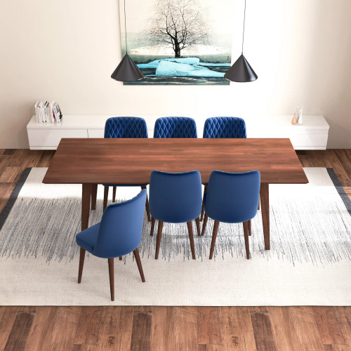 Adira XLarge Walnut Dining Set | 6 Evette Blue Velvet Dining Chairs | KM Home Furniture and Mattress Store | Houston TX | Best Furniture stores in Houston