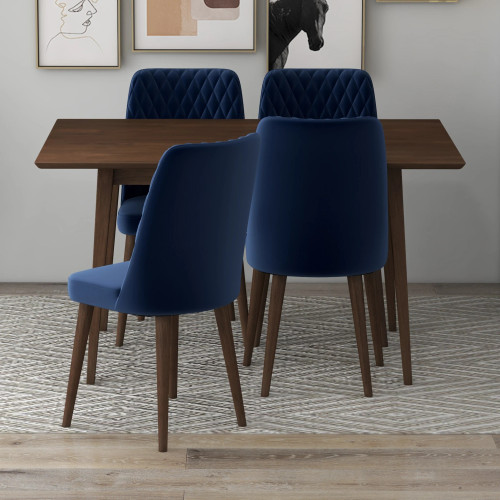 Adira Small Walnut Dining Set - 4 Evette Blue Velvet Chairs | KM Home Furniture and Mattress Store | TX | Best Furniture stores in Houston