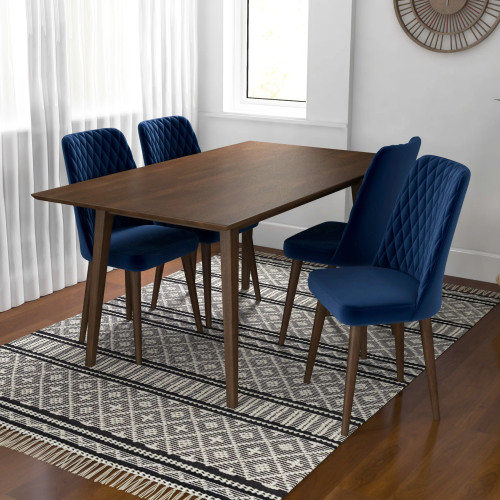 Adira Large Walnut Dining Set - 4 Evette Blue Velvet Chairs | KM Home Furniture and Mattress Store | TX | Best Furniture stores in Houston