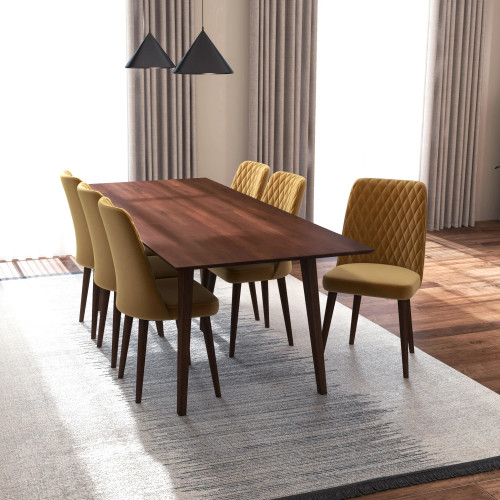 Adira XL Walnut Dining Set - 6 Evette Gold Velvet Chairs | KM Home Furniture and Mattress Store | TX | Best Furniture stores in Houston