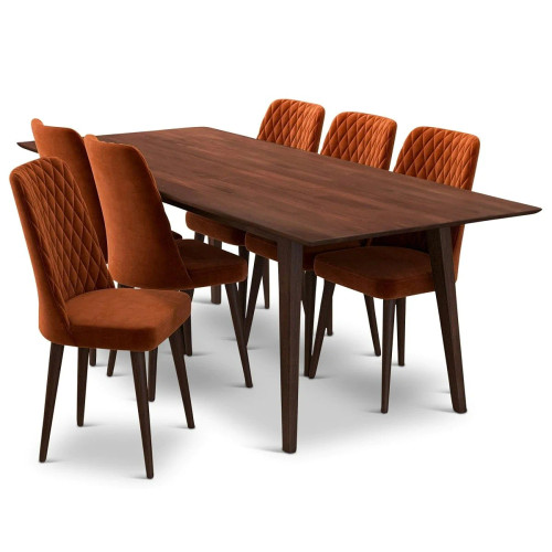 Adira XL Walnut Dining Set - 6 Evette Burnt Orange Velvet Chairs | KM Home Furniture and Mattress Store | TX | Best Furniture stores in Houston