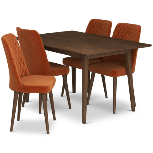 Adira Small Walnut Dining Set -  4 Evette Burnt Orange Velvet Chairs | KM Home Furniture and Mattress Store | TX | Best Furniture stores in Houston