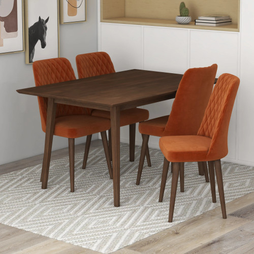 Adira Small Walnut Dining Set -  4 Evette Burnt Orange Velvet Chairs | KM Home Furniture and Mattress Store | TX | Best Furniture stores in Houston