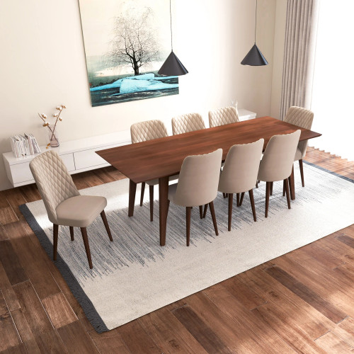 Adira XLarge Walnut Dining Set - 8 Evette Beige Velvet Chairs | KM Home Furniture and Mattress Store | TX | Best Furniture stores in Houston