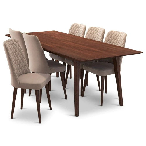 Adira XL Walnut Dining Set - 6 Evette Beige Velvet Chairs | KM Home Furniture and Mattress Store |  TX | Best Furniture stores in Houston