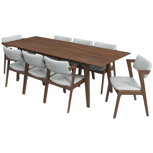 Adira XLarge Walnut Dining Set - 8 Ricco Light Grey Chairs | KM Home Furniture and Mattress Store | TX | Best Furniture stores in Houston