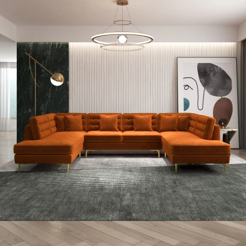 Caleb U Shape Corner Sofa - Burnt Orange Velvet | KM Home Furniture and Mattress Store | TX | Best Furniture stores in Houston