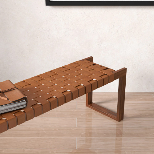 Elgin Modern Rectangular Genuine Tan Leather Bench | KM Home Furniture and Mattress Store | TX | Best Furniture stores in Houston
