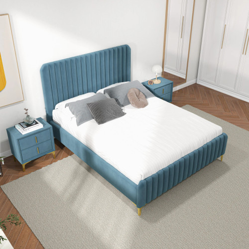 Angela Queen Size Sea Blue Velvet Platform Bed  | KM Home Furniture and Mattress Store | TX | Best Furniture stores in Houston