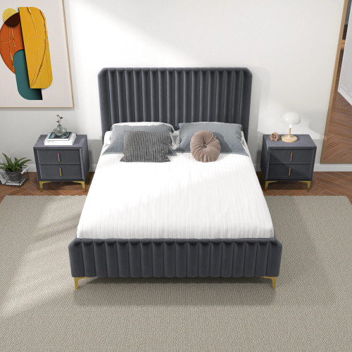 Angela Queen Size Grey Velvet Platform Bed  | KM Home Furniture and Mattress Store | Houston TX | Best Furniture stores in Houston