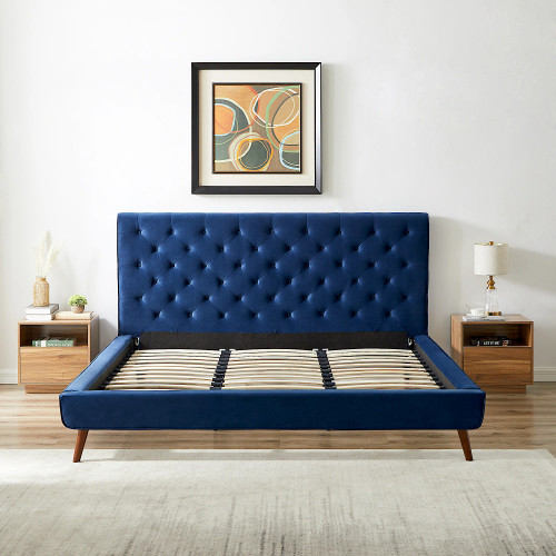 Ashley King Size Navy Blue Velvet Platform Bed  | KM Home Furniture and Mattress Store | TX | Best Furniture stores in Houston