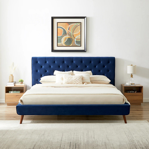 Ashley King Size Navy Blue Velvet Platform Bed  | KM Home Furniture and Mattress Store | TX | Best Furniture stores in Houston