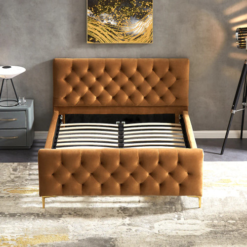 Beverly Platform Bed (Queen - Cognac Velvet) | KM Home Furniture and Mattress Store | Houston TX | Best Furniture stores in Houston
