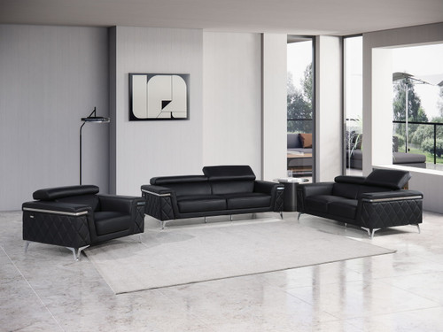 1140 - Top Grain Italian Leather Living Room Set - Black