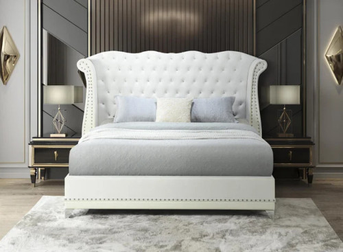 Luxor White Platform Bed in Velvet