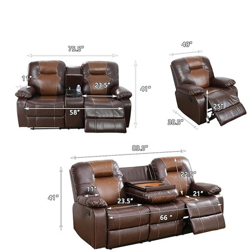 3 Piece Living Room Furniture Sets Modern Brown Leather Recliner