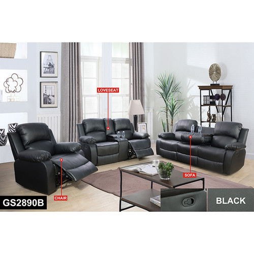 3 Piece Living Room Set Black Leather Recliner Sofa Set