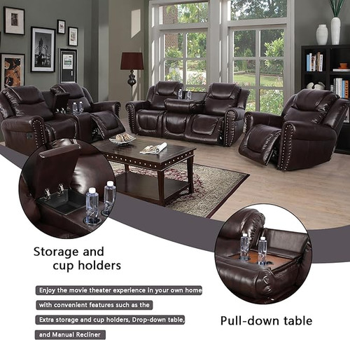 3 Piece Manual Leather Recliner Sofa Set