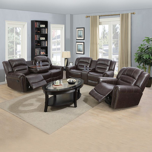 3 Piece Brown Leather Recliner Sofa Set