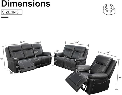 3 Piece Black Luxury Recliner Sofa Living Room Set