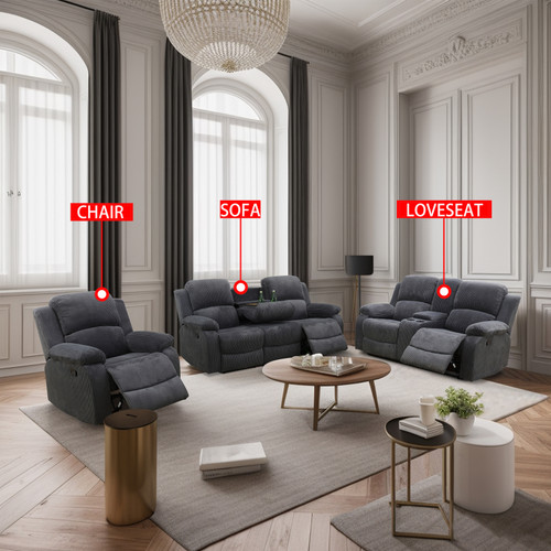 3 Piece Gray Living Room Recliner Sofa Set