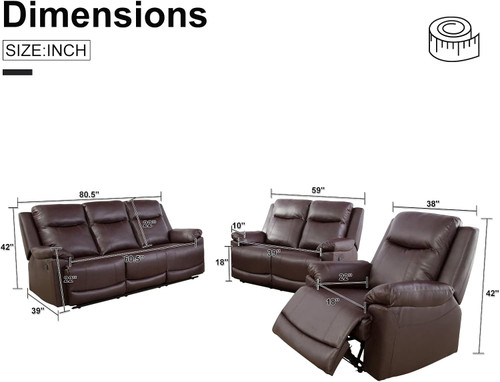 3 Piece Brown Recliner Sofa Living Room Set